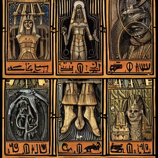 Image similar to very precise tarots in egyptian giger style