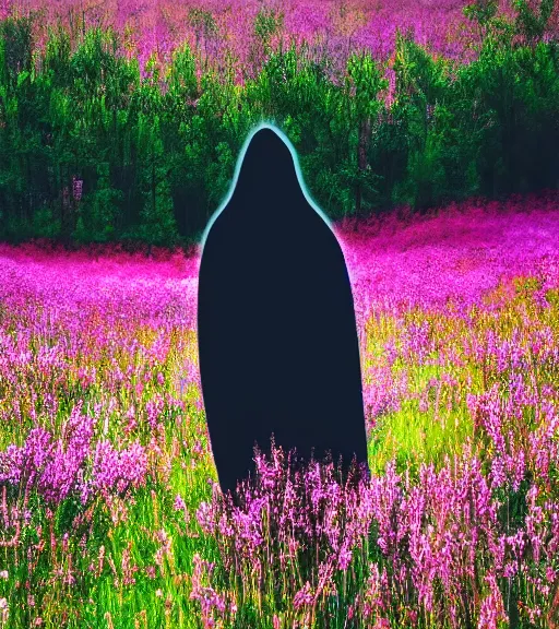 Image similar to tall hooded shadow person figure standing in beautiful meadow of flowers, technicolor photo, grainy, high detail, high resolution