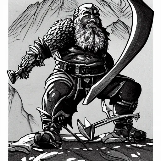 Prompt: line drawing of a fantasy dwarf fighter with a huge iron axe, sunny day, matte painting, bold shapes, hard edges, 7 0 s dungeons and dragons book cover art by greg irons, dave sutherland