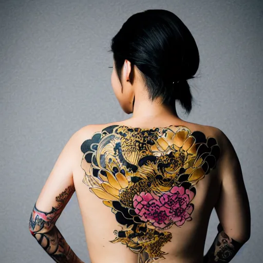 Image similar to photography of the back of a woman with a black detailed irezumi tatto representing a gold tiger with pink flowers on her entire back, mid-shot, editorial photography