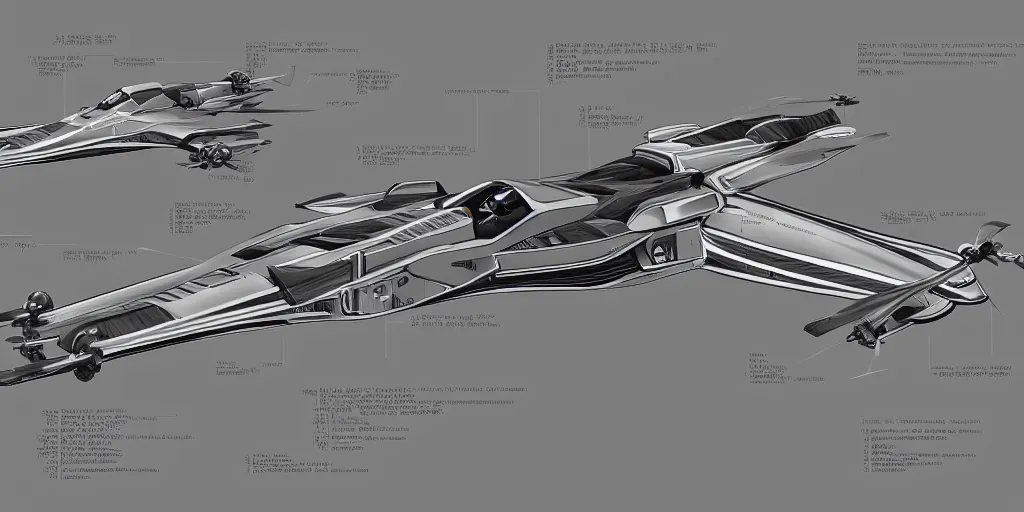 Prompt: highly detailed schematic, technical drawing, side view, sci-fi hover racer designs, pod racer designs