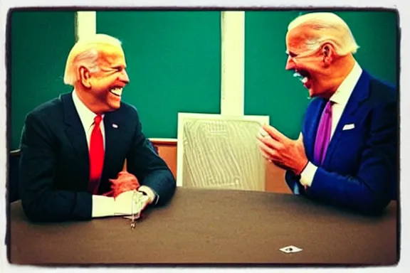 Image similar to “ very very intricate photorealistic photo of satan and joe biden laughing together, detailed natural lighting, award - winning crisp details ”