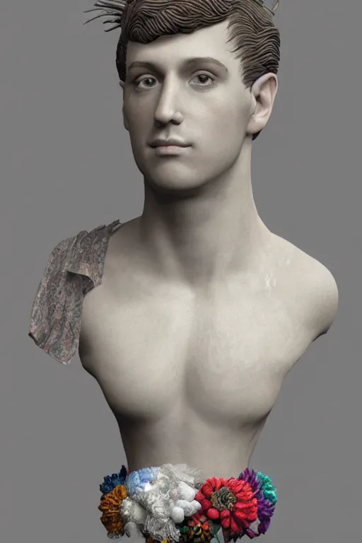 Image similar to a realistic porcelain full-head rococo style bust of handsome young Spanish prince a faded style haircut and a crown made of colored pipecleaners, suspended in outer space, photorealism, octane render, depth of field, 8k, 35mm, artgem, Trending on artstation