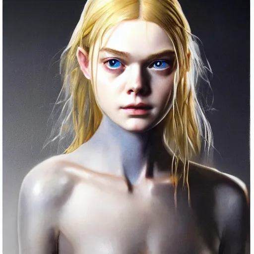 Image similar to ultra realistic portrait painting of elle fanning in metal gear solid and death stranding, art by frank frazetta, 4 k, ultra realistic, highly detailed, epic lighting