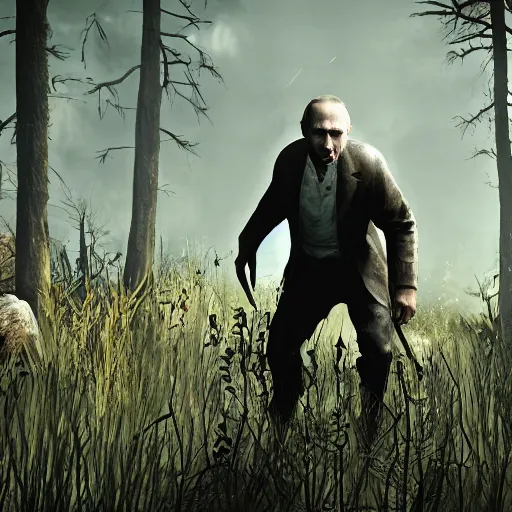 Image similar to vladimir putin running from zombies in hunt showdown