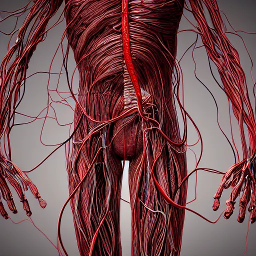 Image similar to man made of internal organs and arteries and veins and cables, extreme detailed intricate render, 8k artistic photography