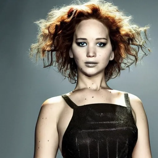 Prompt: promo of Jennifer Lawrence starring in Tim Burton's Eve Scissors, a 2029 update of Edward Scissorhands