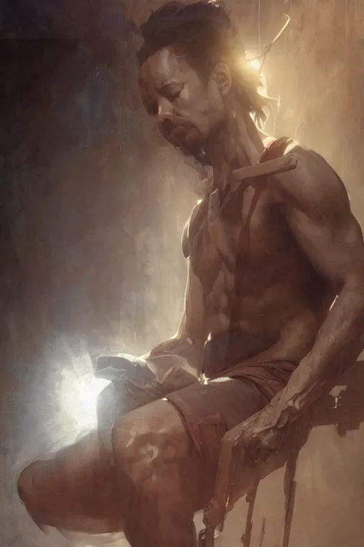 Image similar to man kneeling at the foot of a wooden cross, dramatic lighting art by Yoji Shinkawa by Richard Schmid by greg rutkowski by Sandra Chevrier by Jeremy Lipking cinematic dramatic, by frank miller, illustration by Ruan Jia and Mandy Jurgens and William-Adolphe Bouguereau, Artgerm, 4k, digital art, surreal, space dandy style, highly detailed, godsend, artstation, digital painting, concept art, smooth, sharp focus, illustration by Ruan Jia and Mandy Jurgens and William-Adolphe Bouguereau, Artgerm