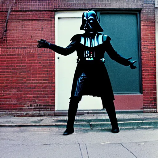 Prompt: darth vader break dancing on a street corner, brooklyn, day time, sunny, the 8 0's