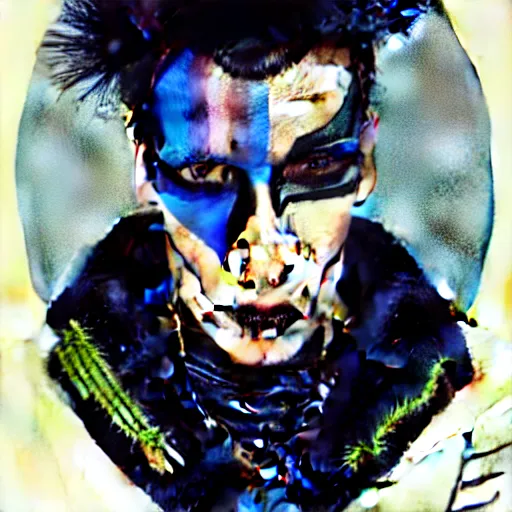 Image similar to an award finning and amazing portrait by akseli kallen gallela and john howe of a male cyberpunk punk rocker clothed in excessively fashionable 8 0 s haute couture fashion and wearing geometric face paint