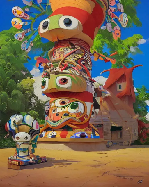 Image similar to a painting of a tribal tiki hut with a totem pole by its side, a surrealist painting by Takashi Murakami and by Naoto Hattori, Edward Hopper and James Gilleard, Zdzislaw Beksinsk, by Jesper Ejsing, by RHADS, Makoto Shinkai and Lois van baarle, trending on deviantart, pop surrealism, lowbrow, grotesque, whimsical