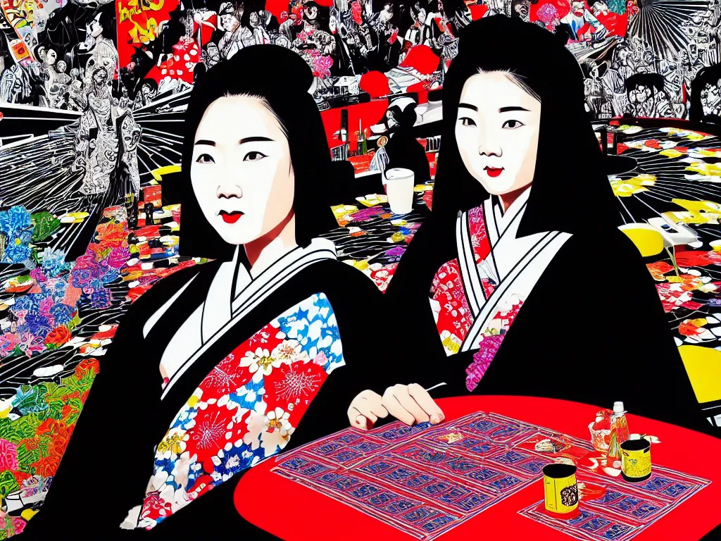 Image similar to hyperrealistic composition of the detailed woman in a japanese kimono sitting at a extremely detailed black jack table with hyperdetailed darth vader, fireworks, mountain fuji on the background, pop - art style, jacky tsai style, andy warhol style, acrylic on canvas