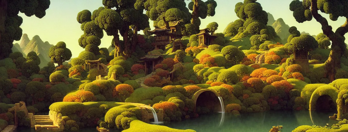 Image similar to a gorgeous landscape painting by barlowe wayne maxfield parrish and marco mazzoni. early spring morning. bench terrace. close - up shot on hyper detailed trees has just sprouted!! tyndall effec, light effect. chinese village. china waterwheel. the winding steps, waterfall from the mountain. ultra clear detailed. highly detailed, 3 d, octane render.