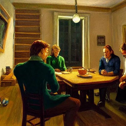 Prompt: ultra-detailed painting of the Fellowship of the Ring meeting at Elrond's house in the style of Edward Hopper