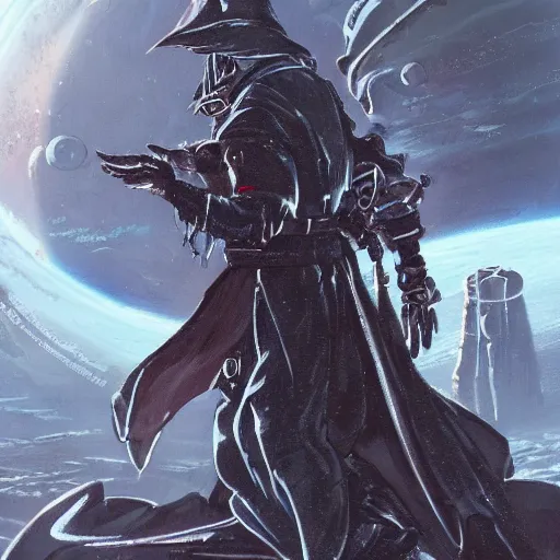 Prompt: a hunter from bloodborne wearing a spacesuit on a space station, retrofuturism, by malcolm smith, concept art by yoshiyuki tomino, behance contest winner, toonami, redshift, official art