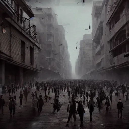 Image similar to hordes of drone-like people aimlessly walking around a depressing dystopian cityscape , trending on artststion, hyper realistic, surreal, melancholic, 8k, upscaled