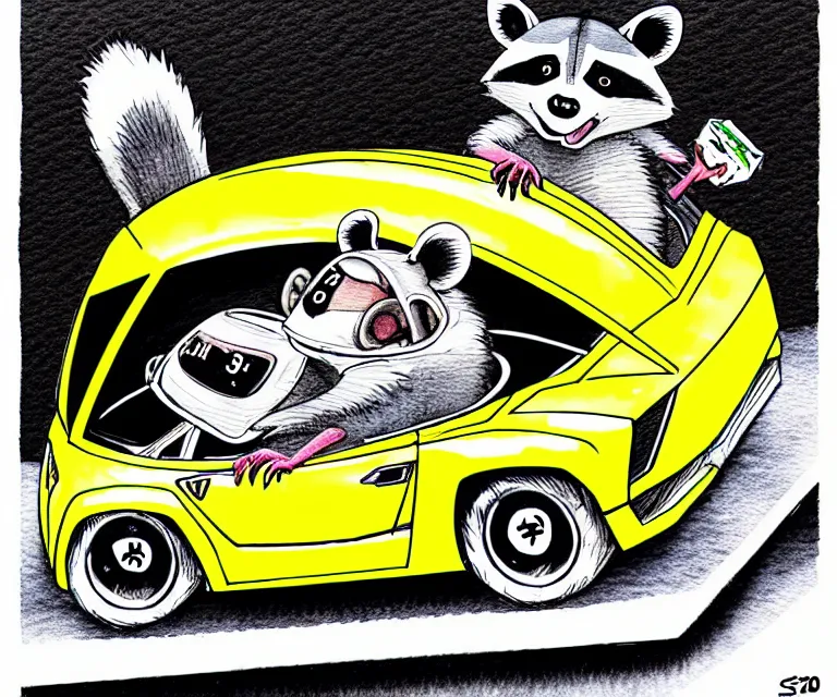 Image similar to cute and funny, racoon wearing a helmet riding in a tiny 2 0 2 0 lamborghini huracan sto, ratfink style by ed roth, centered award winning watercolor pen illustration, isometric illustration by chihiro iwasaki, edited by range murata