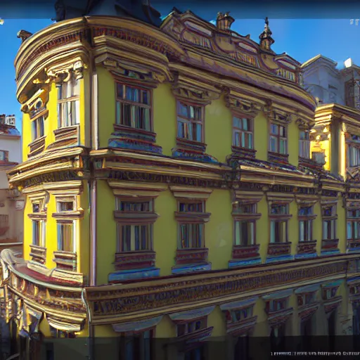 Image similar to lviv building facade highly detailed, photo, artstation, 3 d render, sharp focus, art by tokiolab and alphonse mucha, 8 k, ultra realistic, lens flare, glow, soft lighting, hyperrealistic, unreal engine