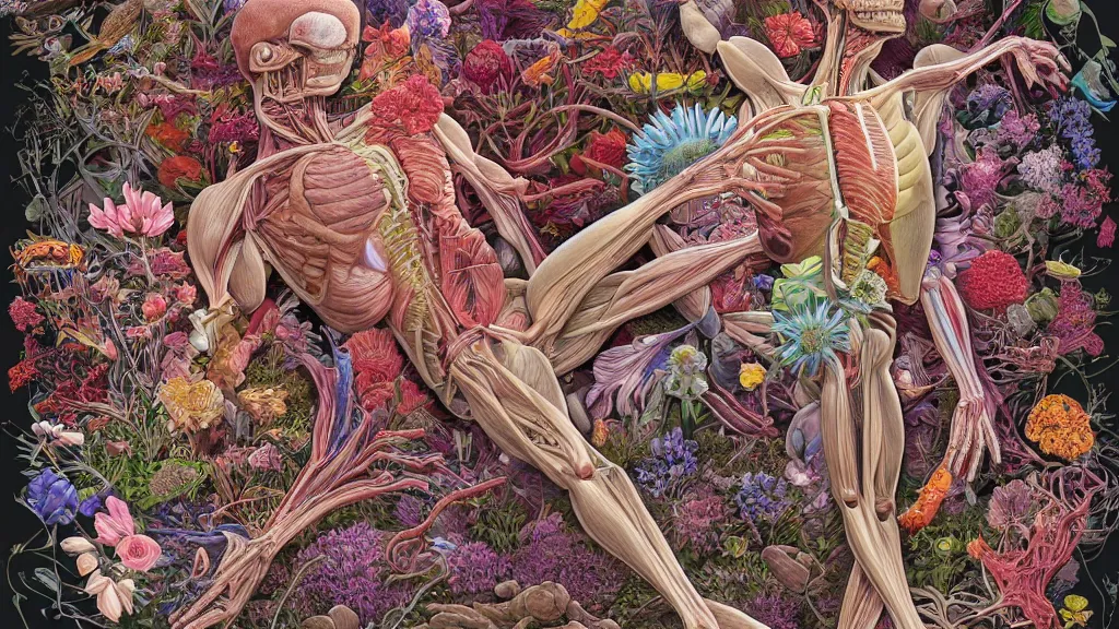 Prompt: highly detailed illustration of a human anatomy body exploded by all the known species of flowers by juan gatti, by moebius!, by oliver vernon, by joseph moncada, by damon soule, by manabu ikeda, by kyle hotz, by dan mumford, by kilian eng