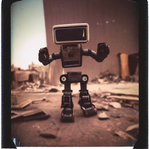 Image similar to old polaroid of a evil robot walking on a destroyed city, 8 k, uhd, golden hour, 8 0 0 mm