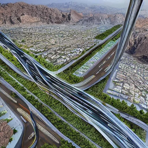 Image similar to Smart, Innovative & Sustainable City With Invisible Infrastructure and Urban Development neom linear city mirror wall highway roads desert futuristic aerial view