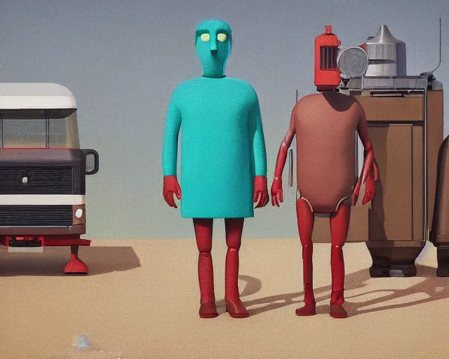 Prompt: Anthropomorphic Animatronic walking beef machine, painting by Grant Wood, 3D rendering by Beeple, directed by Wim Wenders, cinematography by Robby Müller