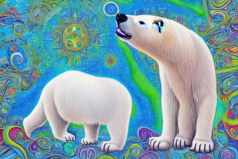 Image similar to a relaxed polar bear looking to the sky by lisa frank, alex grey, flooko, acrylic, digital art, painting,