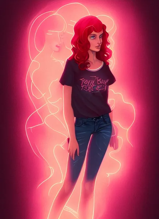 Image similar to full body portrait of teenage cheryl blossom, bangs, green eyes, sultry expression, red hair, sultry smirk, bangs and wavy hair, pink shirt, intricate, elegant, glowing lights, highly detailed, digital painting, artstation, concept art, smooth, sharp focus, illustration, art by wlop, mars ravelo and greg rutkowski