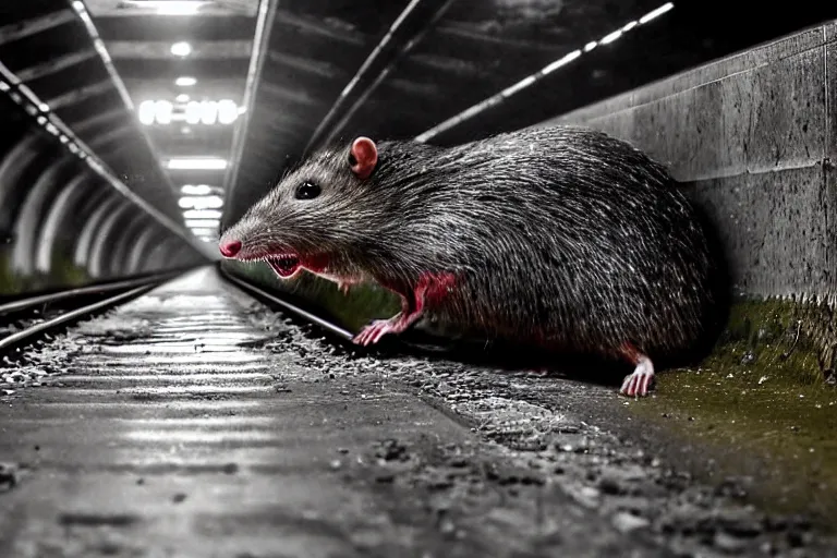 Image similar to very large giant mutant zombie irradiated rat sraying on railways in tonnel of moscow subway. extreme high detail. low dark light, scary atmosphere.