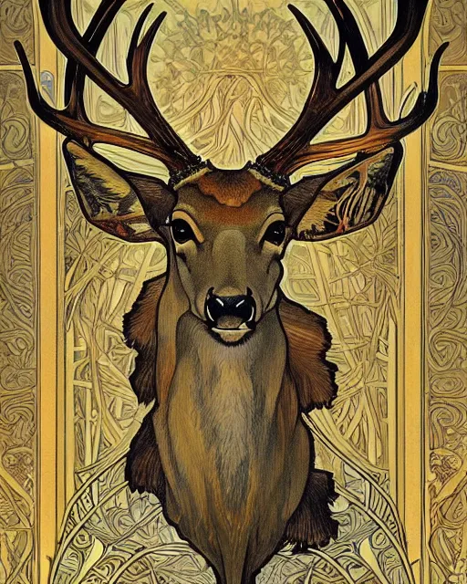 Image similar to an art nouveau painting of a deer with antlers, highly detailed, intricate, artstation, by alphonse mucha and james gurney