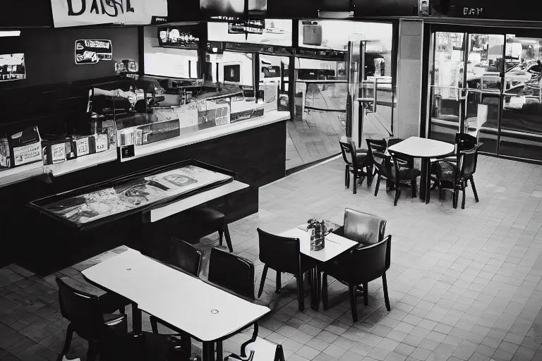 Prompt: overhead view, surveillance, black and white, grainy image, a lion in an empty fast food restaurant lobby