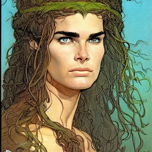 Image similar to a realistic, very beautiful and atmospheric portrait of young brooke shields aged 1 8 as a druidic warrior wizard looking at the camera with an intelligent gaze by rebecca guay, michael kaluta, charles vess and jean moebius giraud