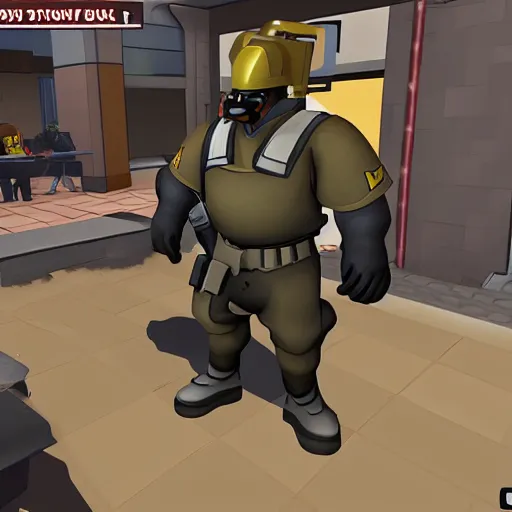 Prompt: heavy weapons guy from tf 2, in line at taco bell