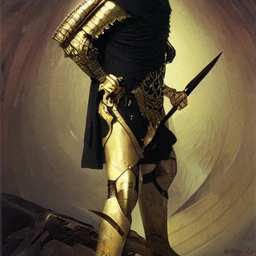 Image similar to pale, beautiful clean-shaven black-haired Viking lord wih sharp features, wearing a gilded black scale armor in the shape of art deco feathers and an arrogant heroic expression, by Greg Rutkowski, Brom, and Alphonse Mucha