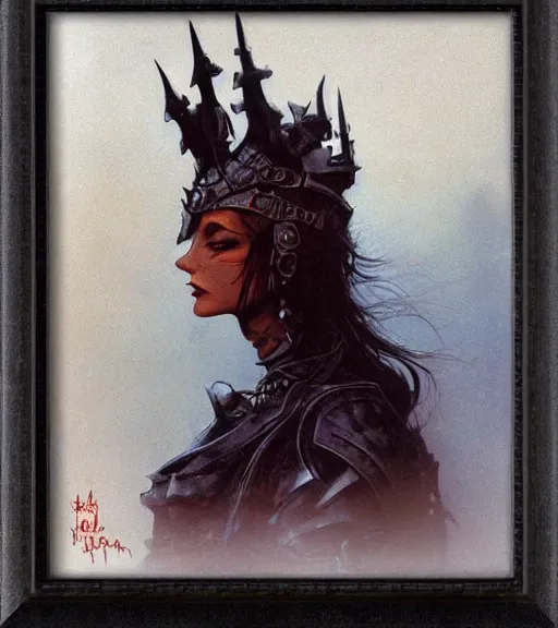 Image similar to evil princess of the wasteland, scrap metal headdress, strong line, deep color, cloudy sky, beautiful! coherent! by brom, by frank frazetta, low angle