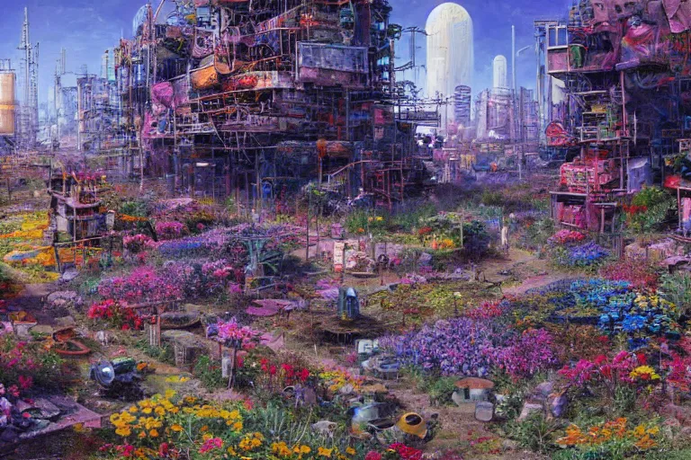 Image similar to oil painting, super - detailed scene electronics waste dump, cyberpunk garden, agbogbloshie, indigo blooming flowers garden, japanese sci - fi books art, artwork by jean giraud, hd, 4 k, high quality