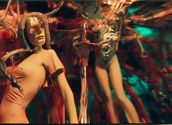 Image similar to wild underground scene from a 7 0's movie by chris cunningham, kenneth anger and alejandro jodorowsky : : surreal dream scene of actresses turning into mechanicall animals in a studio setting : : technicolor 4 k