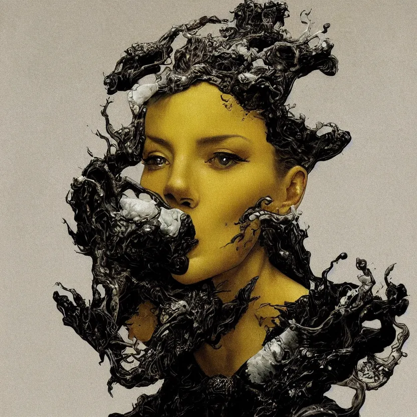 Prompt: a dark baroque close - up portrait of a yellow and white porcelain being made out of white liquid sci - fi vitrified translucent ceramic marble ; china. reflective detailed textures. gloomy black background. highly detailed fantasy science fiction painting by moebius, norman rockwell, frank frazetta, and syd mead. rich colors, high contrast. artstation