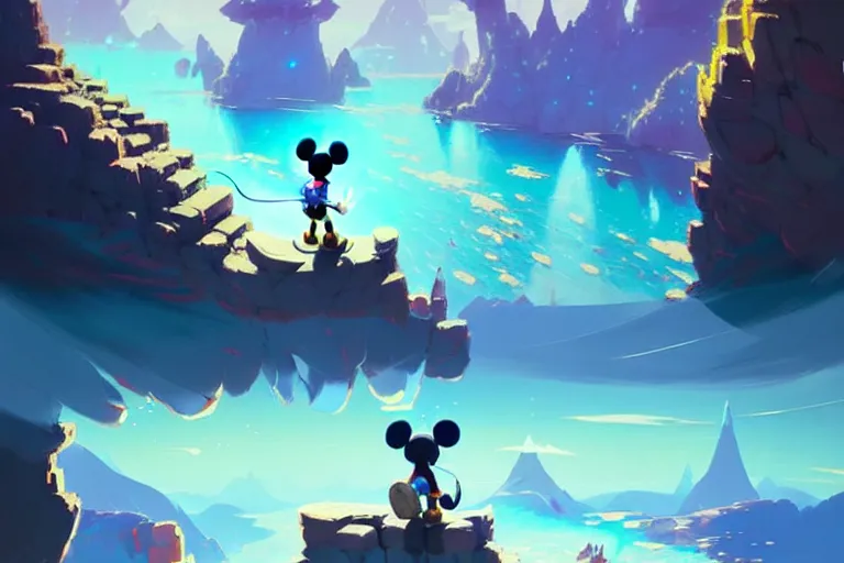 Image similar to concept art, adventurer mickey mouse standing in breath of the wild glowing crystal ore mines. anime styled. bright blue and cyan sky. hyper kawaii cute. by greg rutkowski, in the style of a grand adventure, extremely artistic