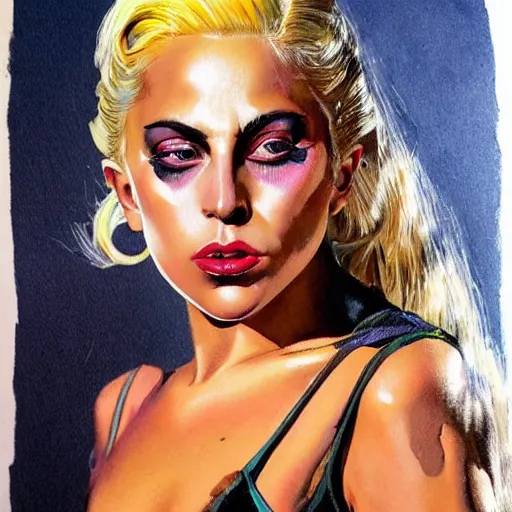 Image similar to detailed details photorealistic pictures lady gaga harley queen full body posse in the style of bob peak and alex ross, gouache and wash paints color, detailed details facial and body and human and environments and proportionate, detailed 5 k details.