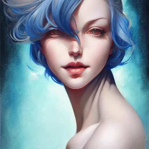 Image similar to a beautiful painting of a smiling woman with stylish short blue hair and sparkling blue eyes representative of the art style of artgerm and wlop and peter mohrbacher, portrait