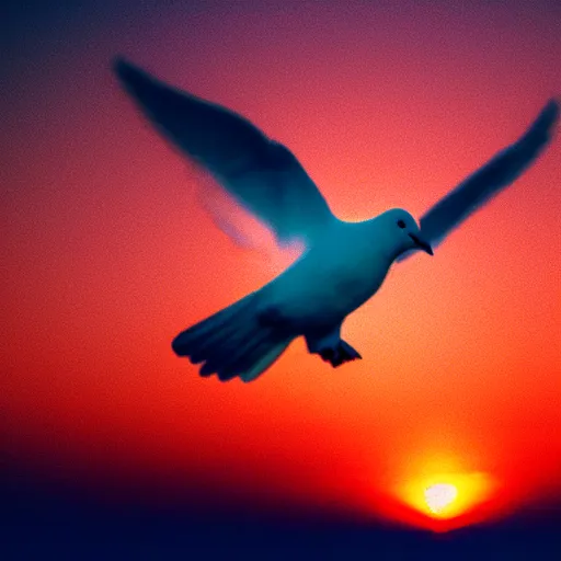 Prompt: Close-up realistic shot of a radiant white dove flying over the clouds at sunset, ethereal, vintage photograph, film grain, surreal, awe-inspiring, highly detailed