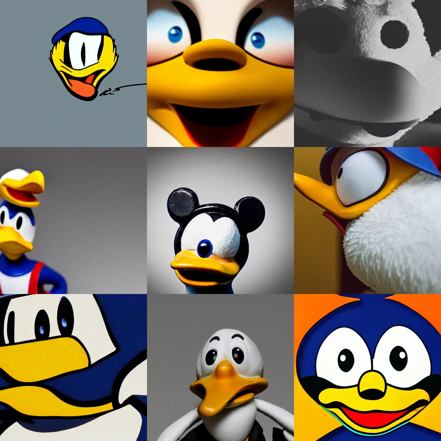 Prompt: donald duck looking suicidal and eating xanax, depressed, extremely tired, burnt out, on the edge of madness, portrait, close up, photograph, sharp focus