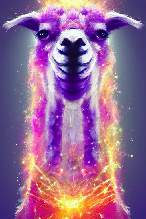 Prompt: vivid 3D animated designscapes with bursts of radiant particles–building an ethereal llama portrait, professional concept art, trending on artstation, geometric llama