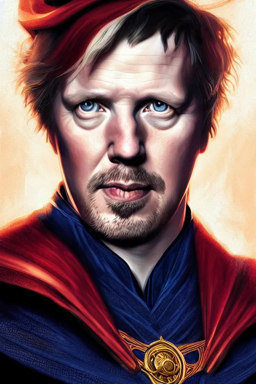 Prompt: Boris Johnson as Doctor Strange, realistic portrait, symmetrical, highly detailed, digital painting, artstation, concept art, smooth, sharp focus, illustration, cinematic lighting, art by artgerm and greg rutkowski and alphonse mucha