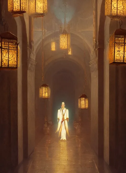 Prompt: a young man with wide, intense eyes, standing in the hallway of a palace. he is bald and clean shaven, dressed entirely in white and holding a huge sword. the hallway is lit by glowing gemstones in lanterns. painting by greg rutkowski and raymond swanland