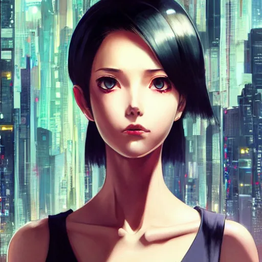 Image similar to A beautiful cyborg woman with big and cute eyes || VERY ANIME, fine-face, realistic shaded perfect face, fine details. Anime. realistic shaded lighting poster by Ilya Kuvshinov katsuhiro otomo ghost-in-the-shell, magali villeneuve, artgerm, Jeremy Lipkin and Michael Garmash, Rob Rey and Kentarõ Miura, trending on art station