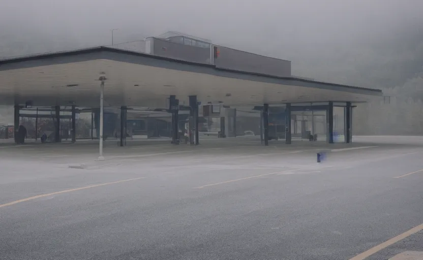 Image similar to wide exterior of the port byron travel plaza bus station in upstate buffalo new york, moody scene directed by charlie kaufman ( 2 0 0 1 ), anamorphic lenses, kodak color film stock, foggy volumetric light morning, cinematic trending on artstation