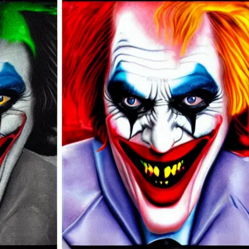 Image similar to angela merkel as joker in dark knight, airbrush art, drew struzan illustration art, key art, movie poster