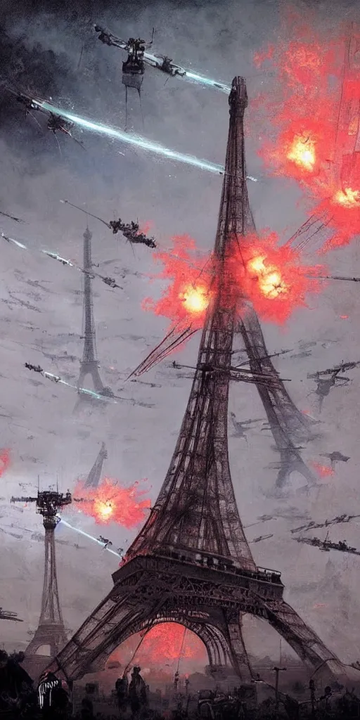 Image similar to war of the worlds, giant mech attack paris, human soldiers, eiffel tower! intense fighting, glowing lights!! digital painting, very detailed, art by jakub rozalski